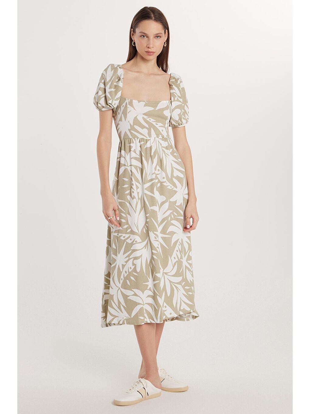 Karışık Kadın Slim Fit Dar Kesim Kısa Kollu Lastikli Kare Yaka Baskılı Elbise-3