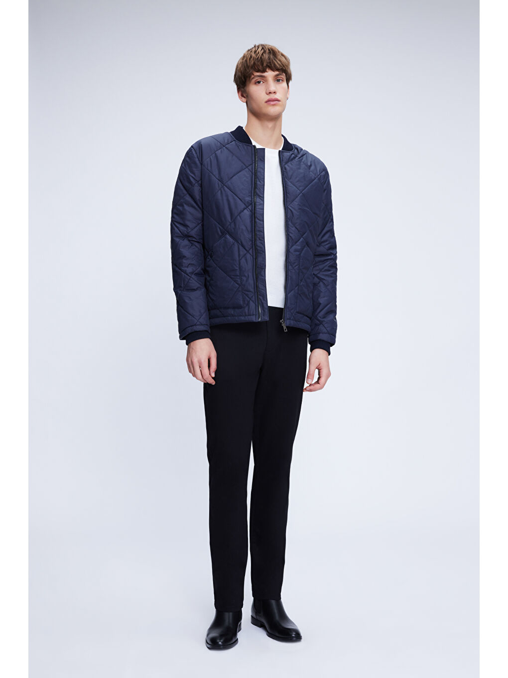 Lacivert Dinamik Fit Bomber Yaka Kapitone Mont-1