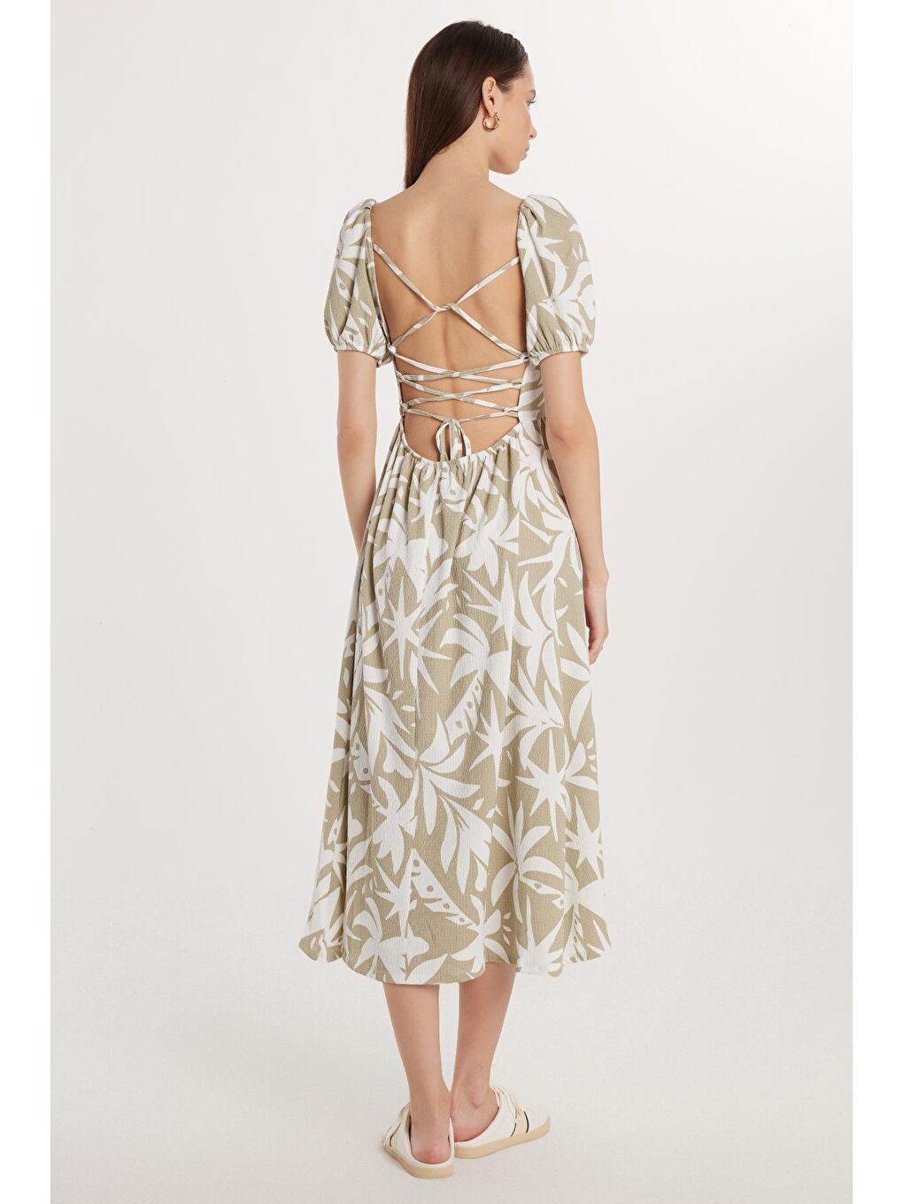 Karışık Kadın Slim Fit Dar Kesim Kısa Kollu Lastikli Kare Yaka Baskılı Elbise-4