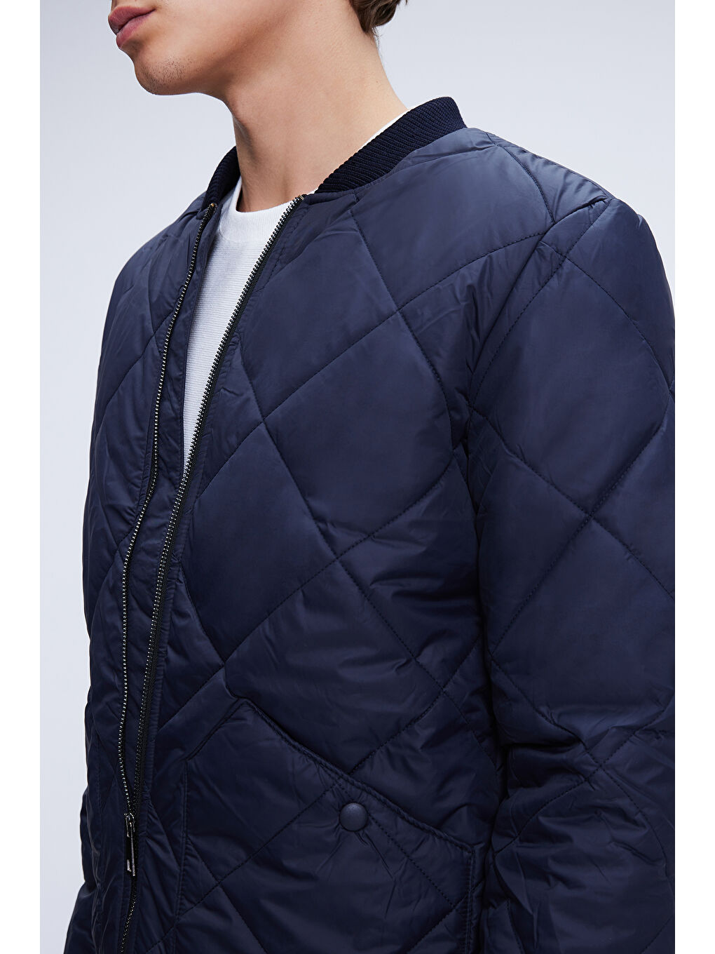 Lacivert Dinamik Fit Bomber Yaka Kapitone Mont-2