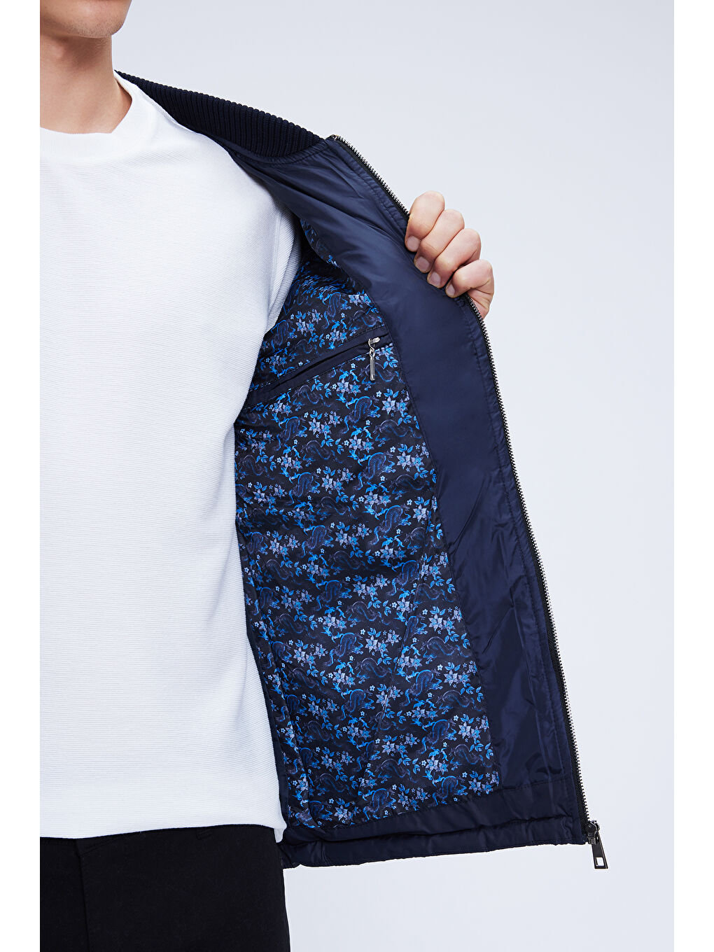 Lacivert Dinamik Fit Bomber Yaka Kapitone Mont-3