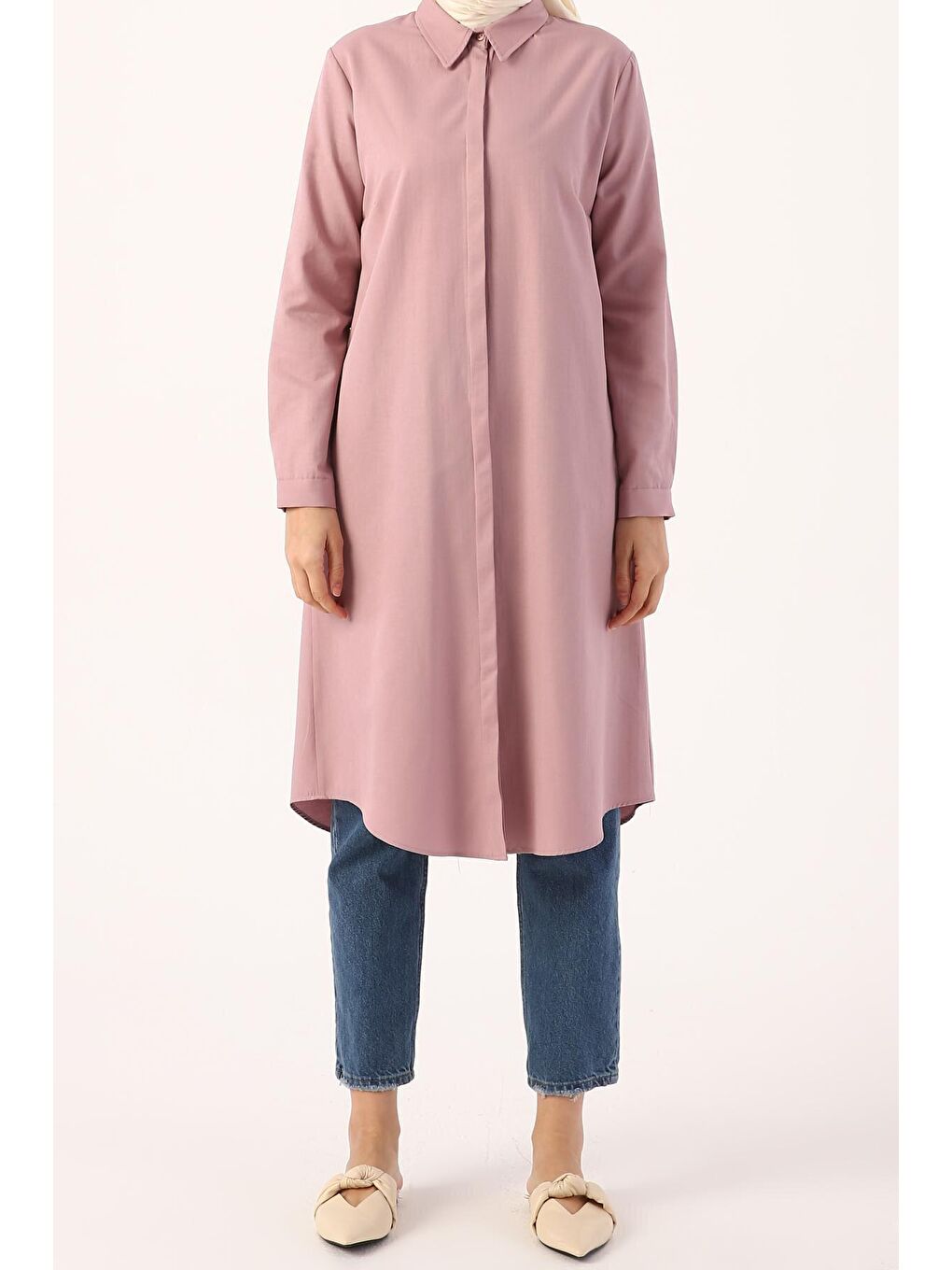 Pembe Açık Gül Basic Gizli Patlı Uzun Gömlek