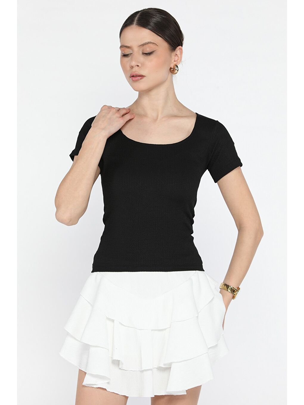 Siyah Kadın Kare Yaka Bürümcük Bluz-1