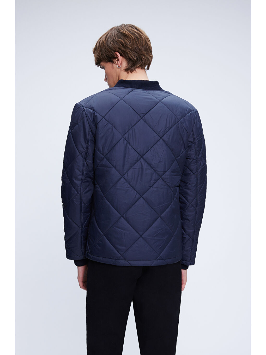 Lacivert Dinamik Fit Bomber Yaka Kapitone Mont-4