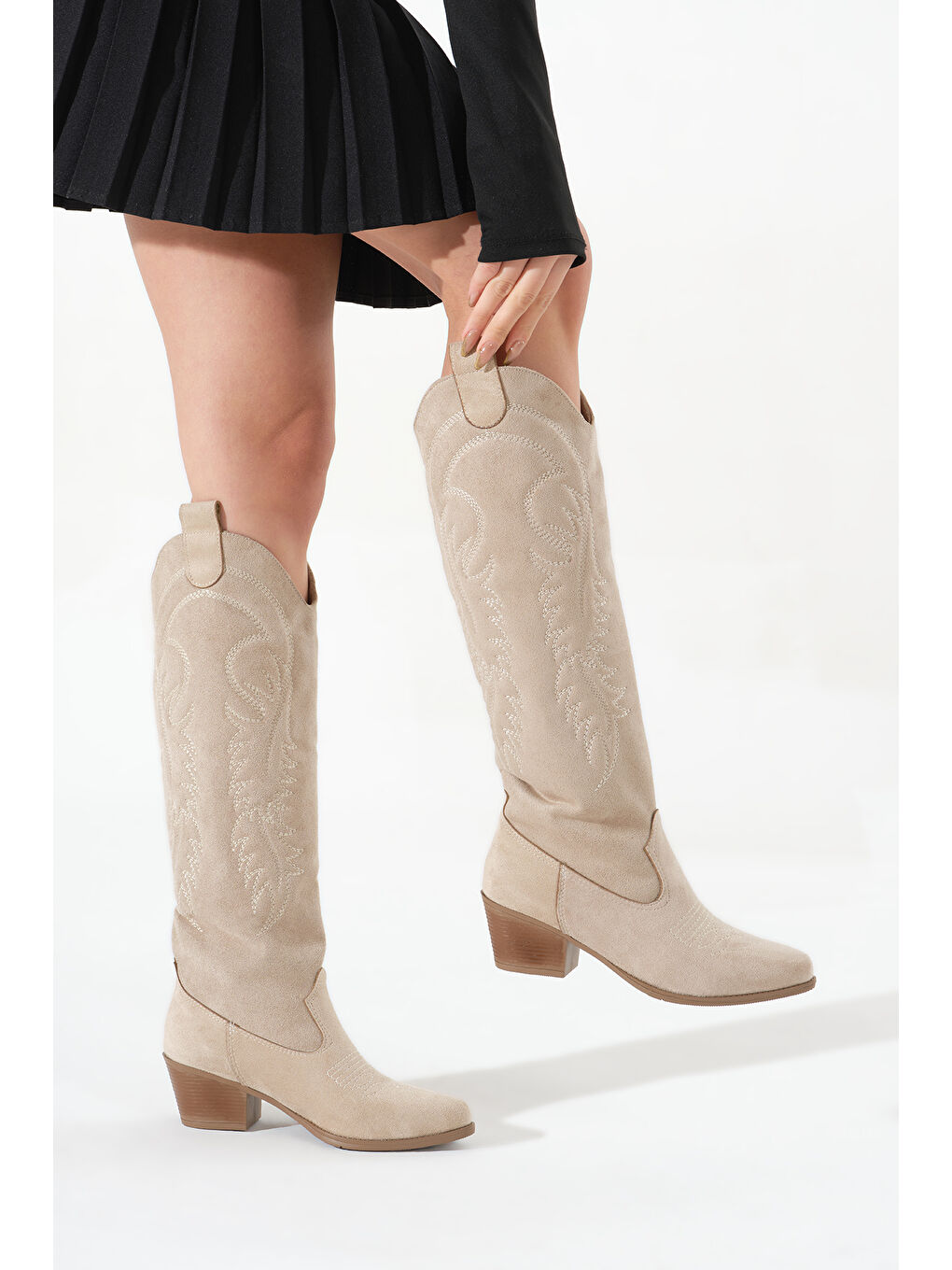 Bej Kadın Ten Süet Termo Taban Nakışlı Western Kovboy Bot-1