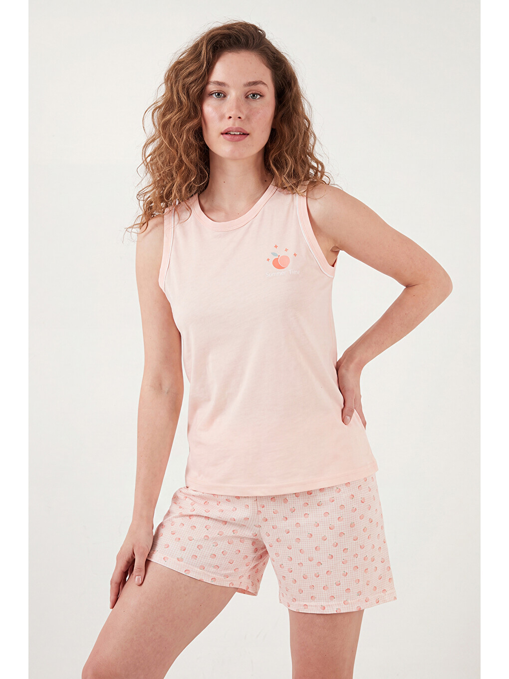 Pembe Baskılı Pamuklu Bisiklet Yaka Şortlu Pijama Takımı 65790786-4