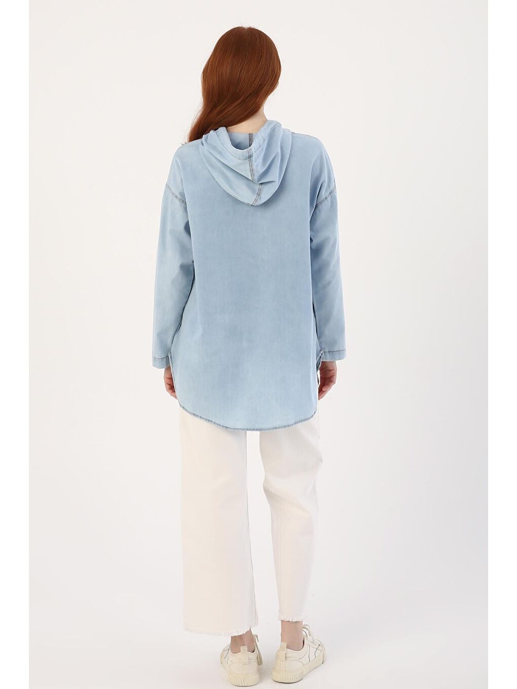 Mavi01 %100 Pamuk Kapüşonlu Cepli Denim Tunik-2