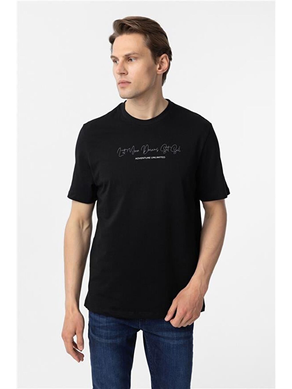 Siyah Regular Baskılı Bisiklet Yaka Tişört-1