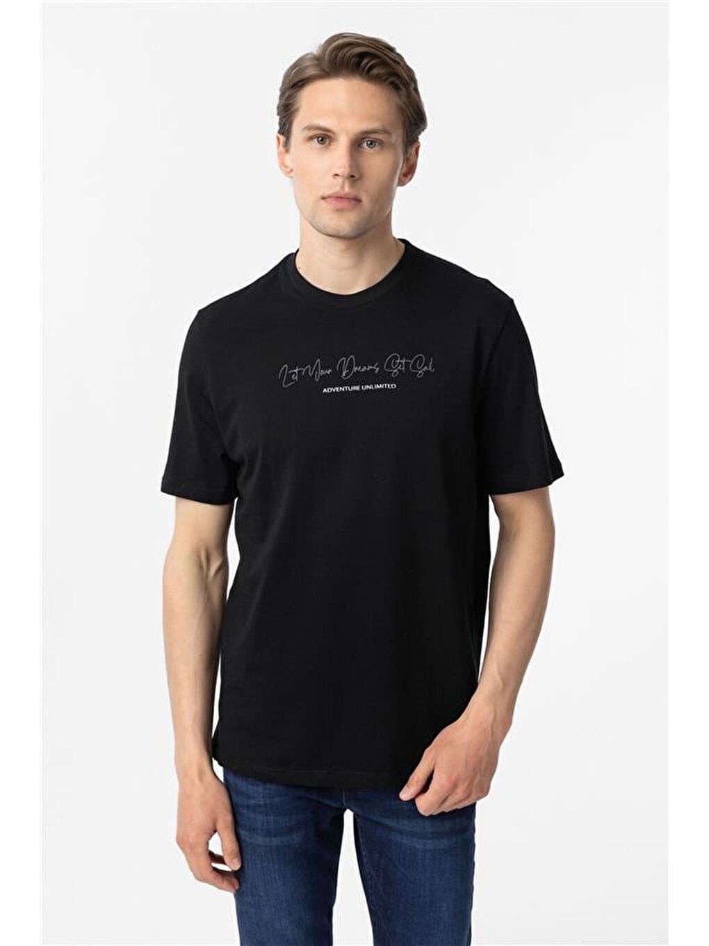 Siyah Regular Baskılı Bisiklet Yaka Tişört-2