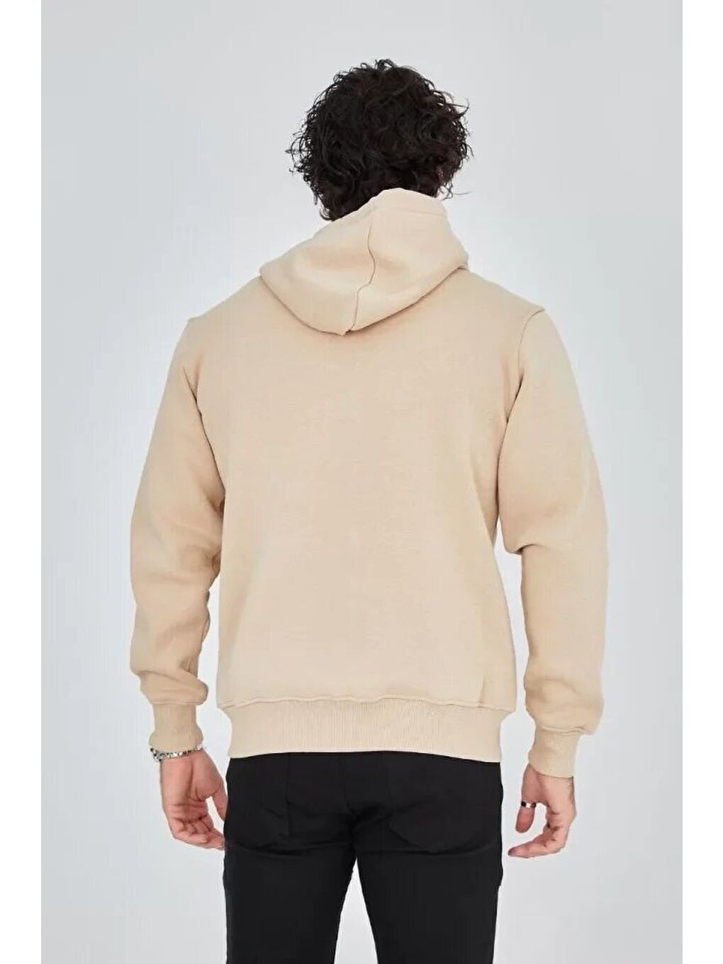 Erkek Kapüşonlu Baskılı Fermuarlı Hırka - Bej-1