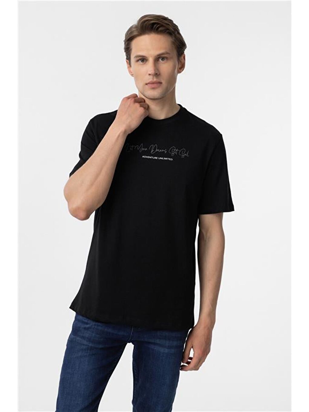 Siyah Regular Baskılı Bisiklet Yaka Tişört-3