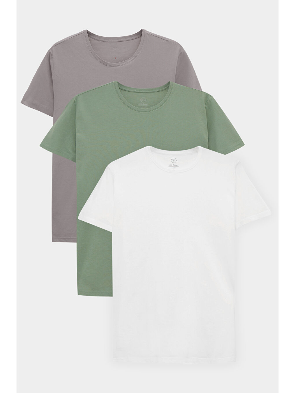 Slim Fit Gri/Yeşil/Beyaz 3'Lü T-Shirt