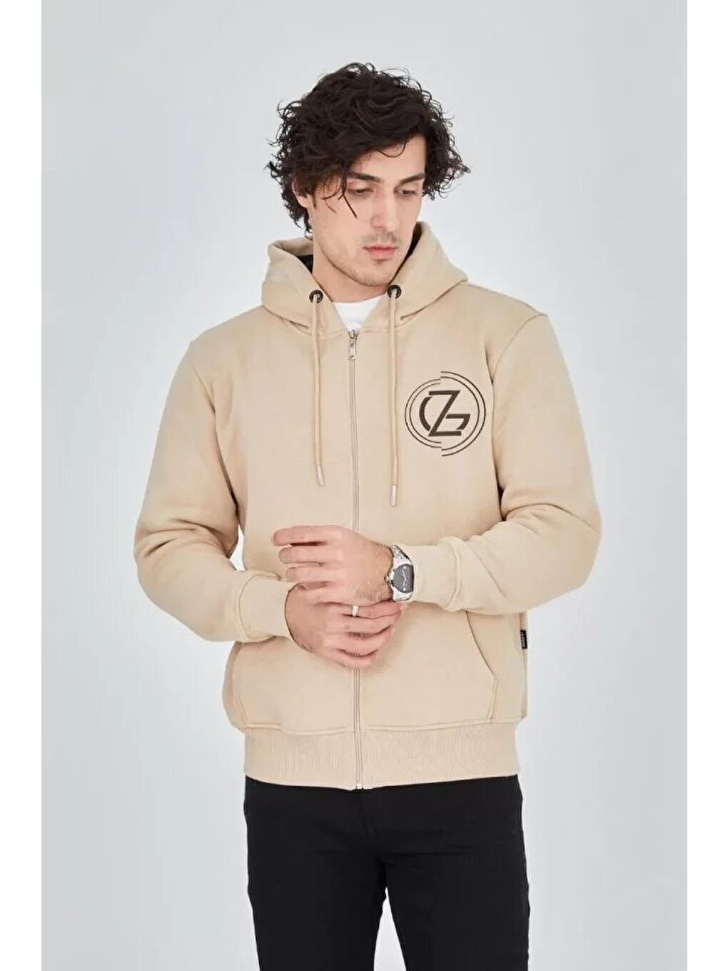 Erkek Kapüşonlu Baskılı Fermuarlı Hırka - Bej-2