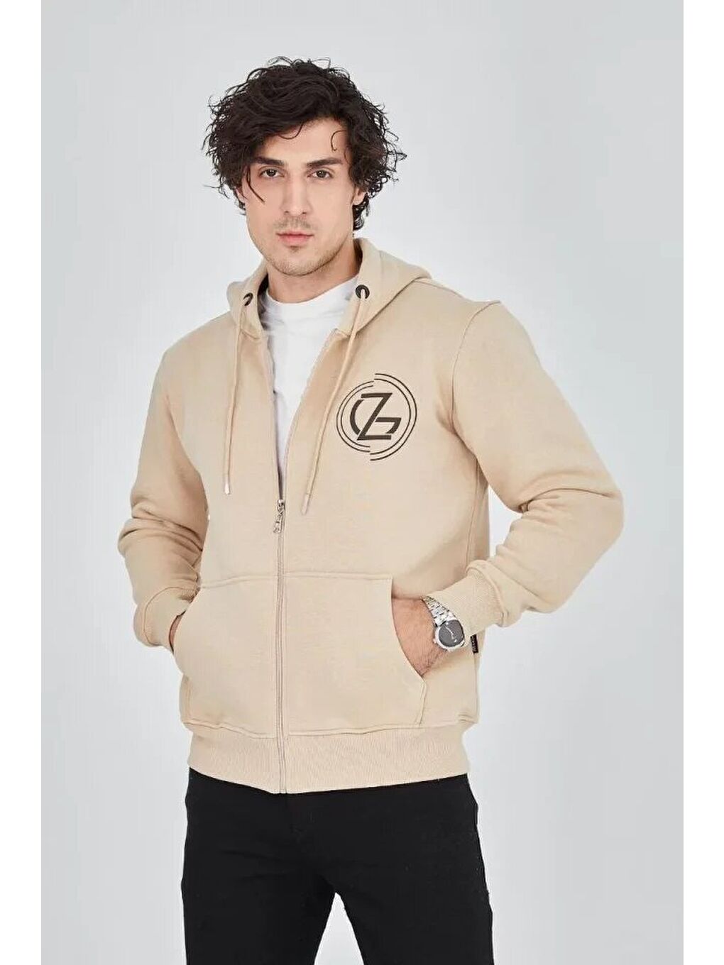 Erkek Kapüşonlu Baskılı Fermuarlı Hırka - Bej-3