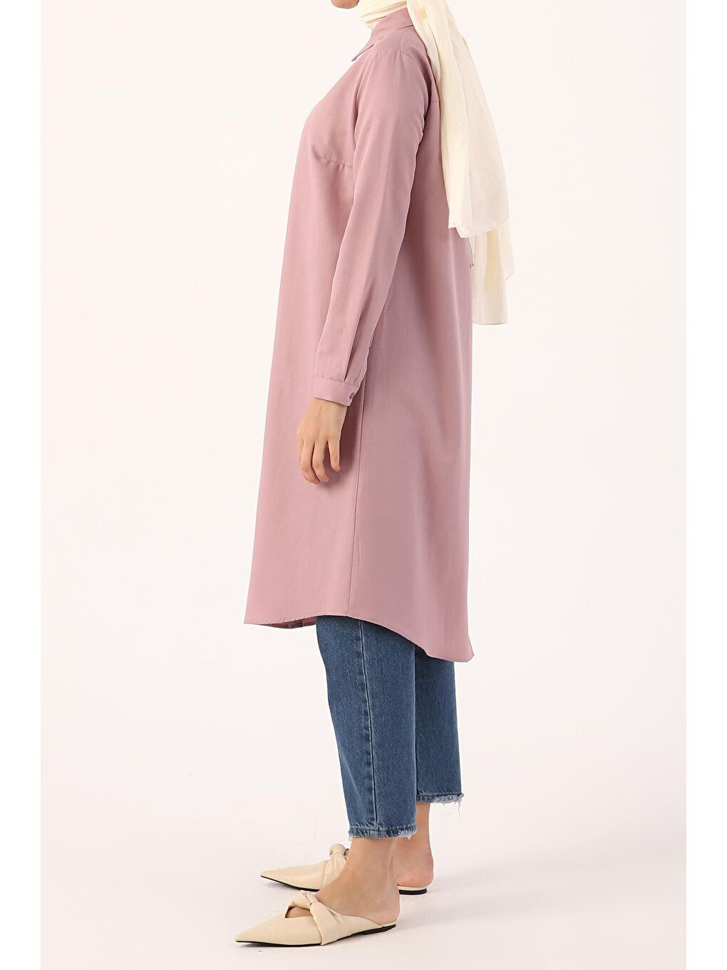 Pembe Açık Gül Basic Gizli Patlı Uzun Gömlek-1
