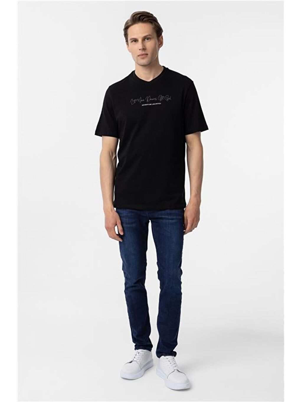 Siyah Regular Baskılı Bisiklet Yaka Tişört-6