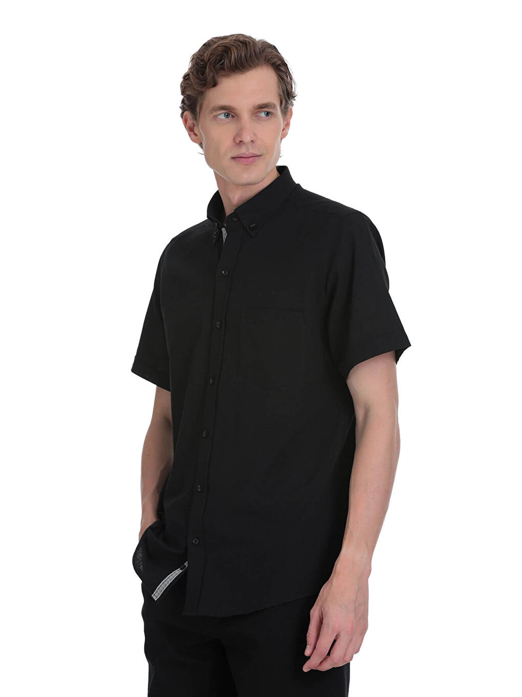 Siyah Comfort Fit Düğmeli Yaka 100% Pamuk Kısa Kollu Casual Gömlek