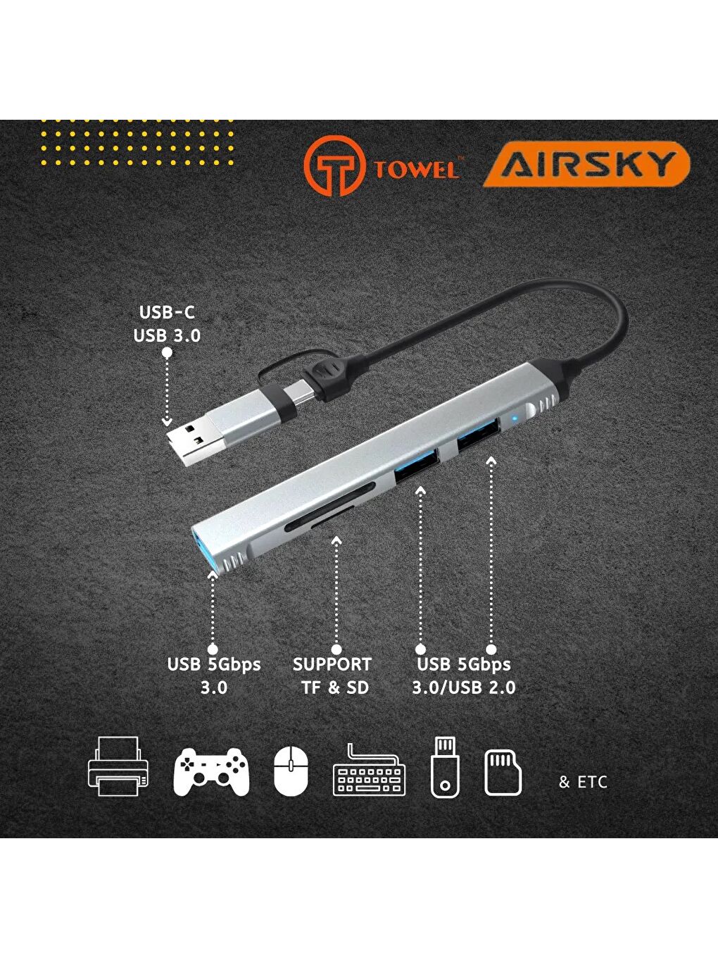 USB 3.0/USB 2.0/SD/TF Girişli 5 in 1 Tip-C Çevirici Adaptörü-1