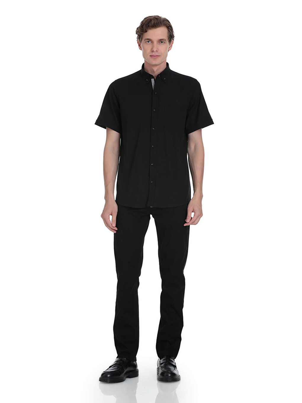 Siyah Comfort Fit Düğmeli Yaka 100% Pamuk Kısa Kollu Casual Gömlek-1