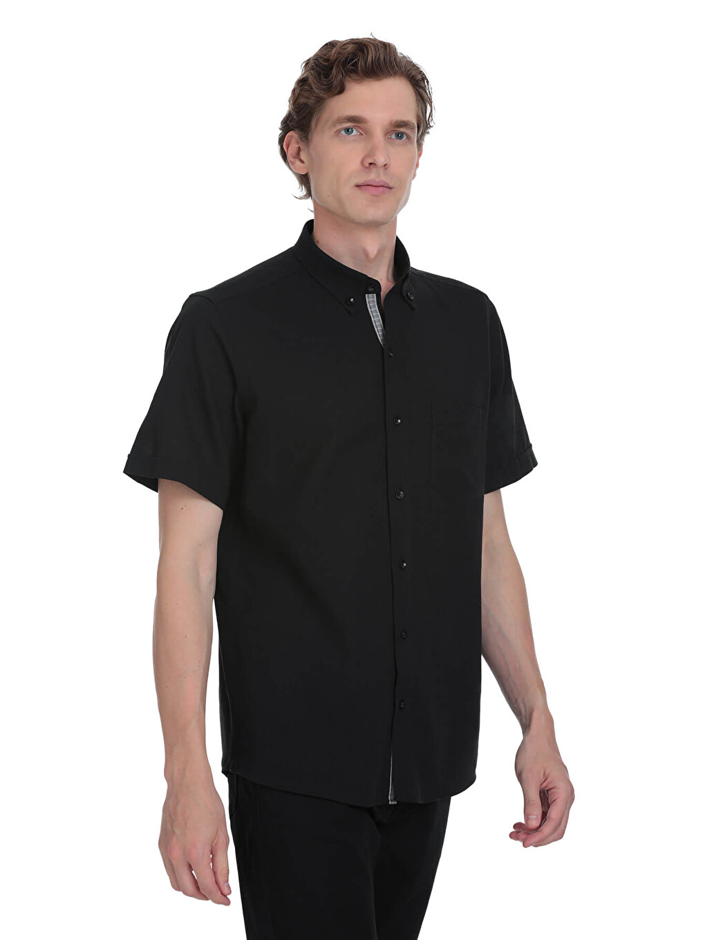 Siyah Comfort Fit Düğmeli Yaka 100% Pamuk Kısa Kollu Casual Gömlek-2