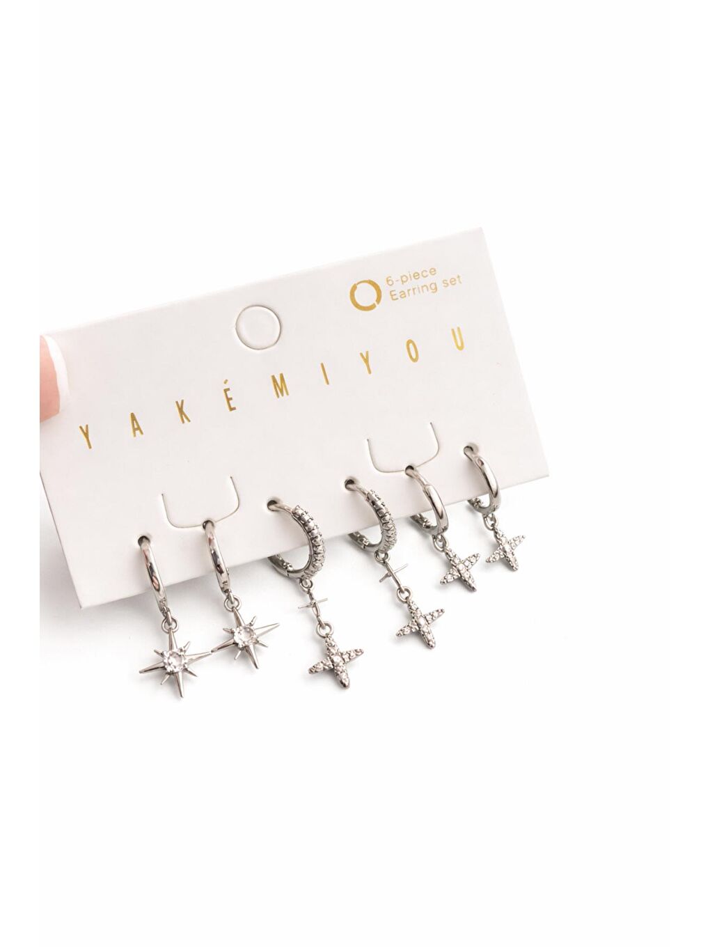 Gri 6 Adet Gümüş Rengi Taşlı Küpe Seti-1