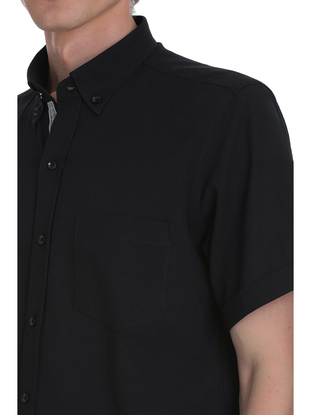Siyah Comfort Fit Düğmeli Yaka 100% Pamuk Kısa Kollu Casual Gömlek-3