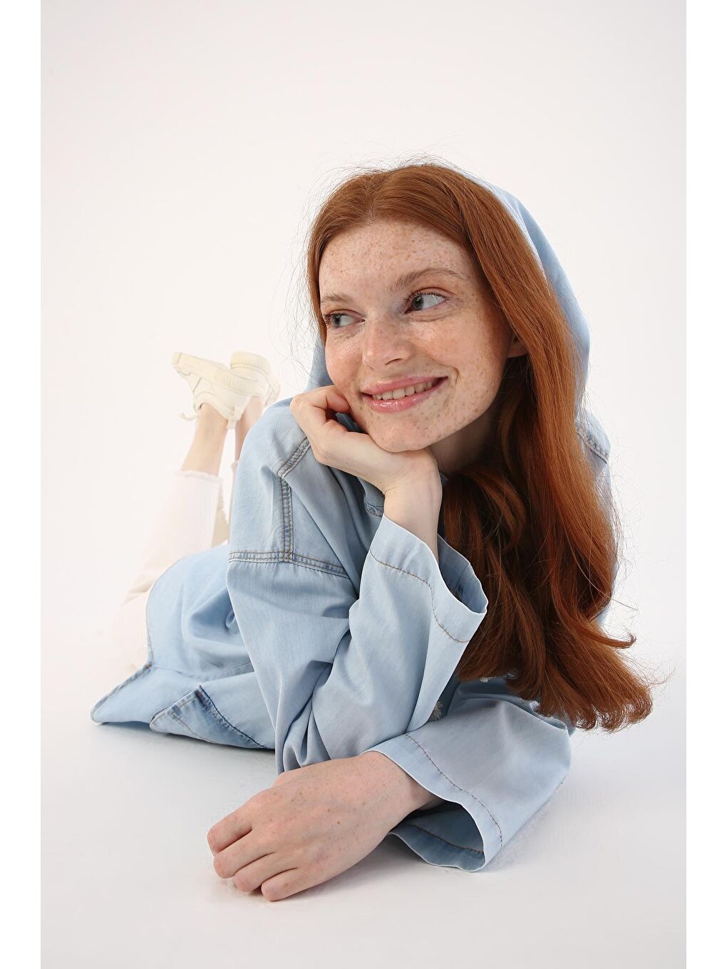 Mavi01 %100 Pamuk Kapüşonlu Cepli Denim Tunik-3