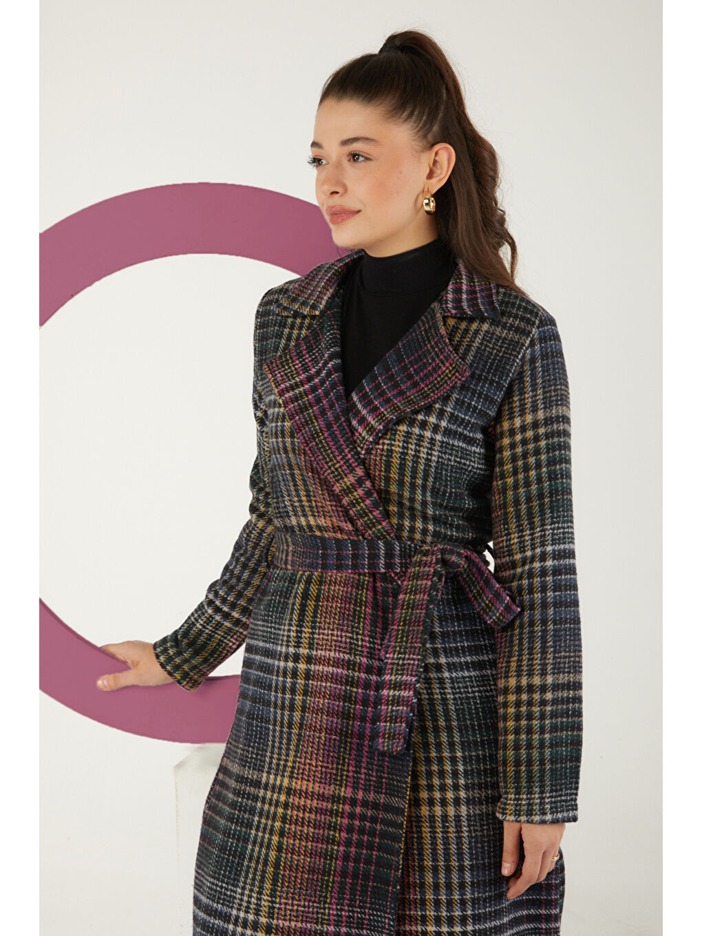 Kruvaze Yaka Kadın Antrasit Desenli Kaşe Kaban - 13351