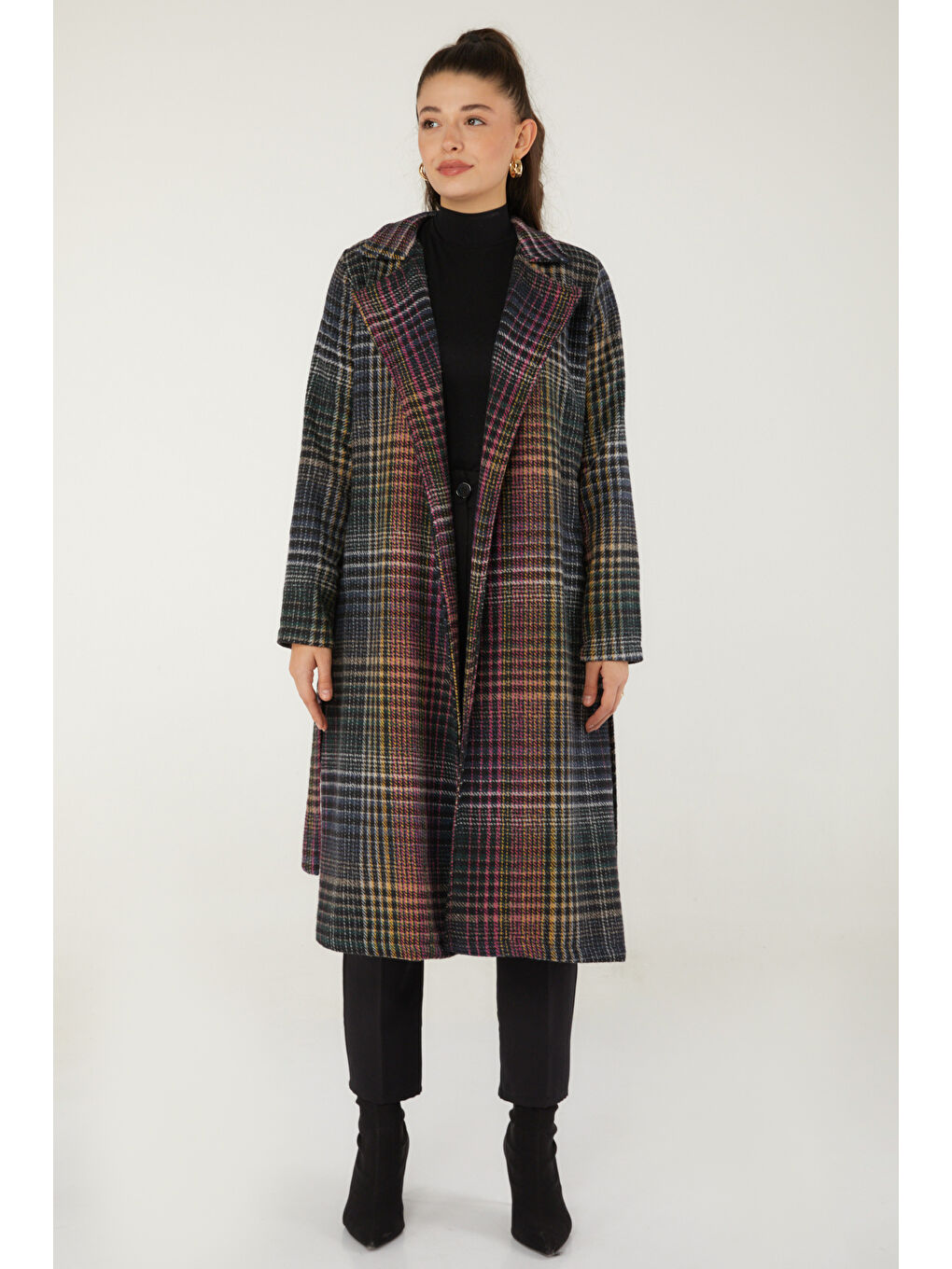 Kruvaze Yaka Kadın Antrasit Desenli Kaşe Kaban - 13351-1