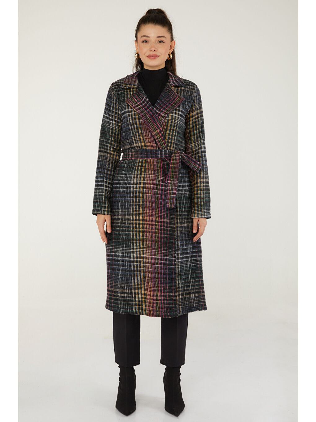 Kruvaze Yaka Kadın Antrasit Desenli Kaşe Kaban - 13351-2