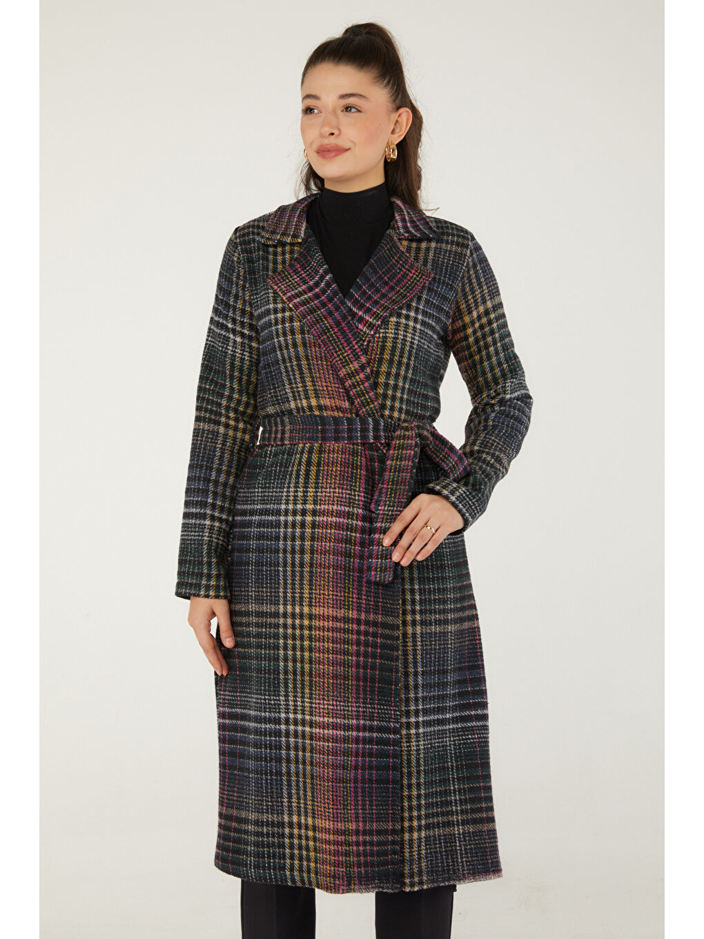 Kruvaze Yaka Kadın Antrasit Desenli Kaşe Kaban - 13351-3