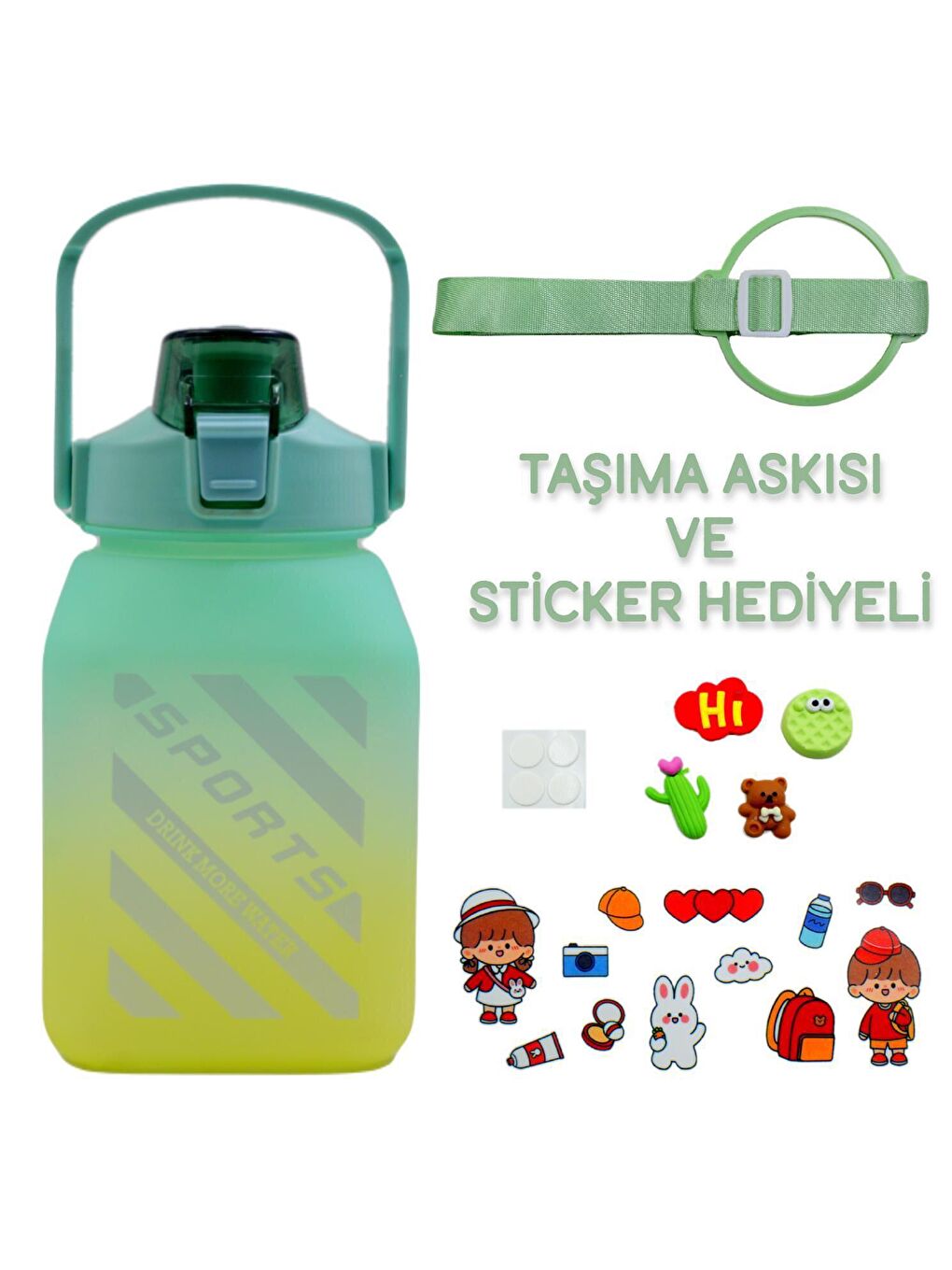 BottleBoss Yeşil Kare Spor Model Taşıma Askılı Pipetli Motivasyon Matarası 1,5 Litre Sticker HEDİYELİ Yeşil - 1