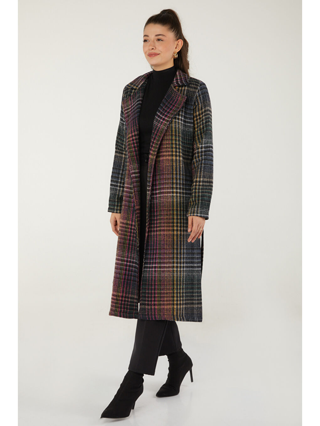 Kruvaze Yaka Kadın Antrasit Desenli Kaşe Kaban - 13351-4