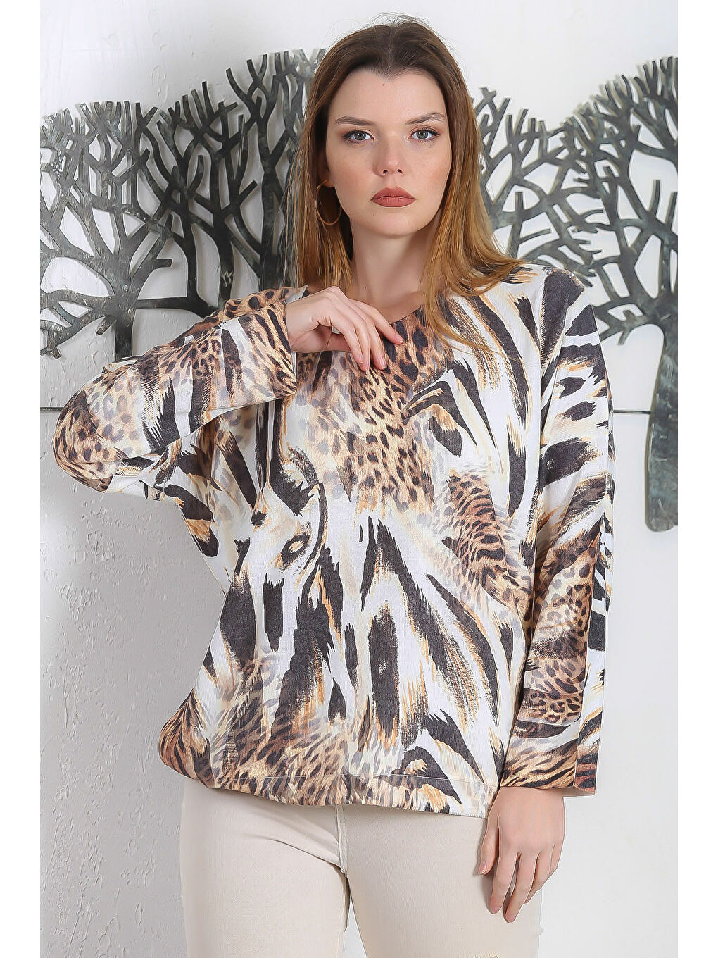 Karışık İtalyan Çok Renkli Havuz Yaka Uzun Kol Dijital Baskılı Casual Triko Bluz-2