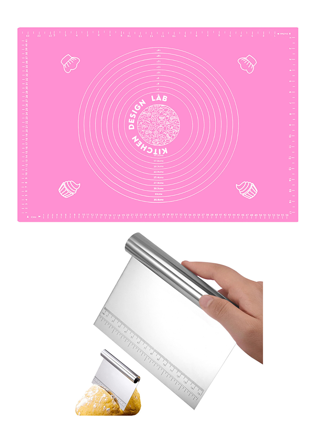 Pembe Silikon Ölçülü  Hamur Açma Matı 45x65 cm ve Çelik Hamur Kesme Spatulası