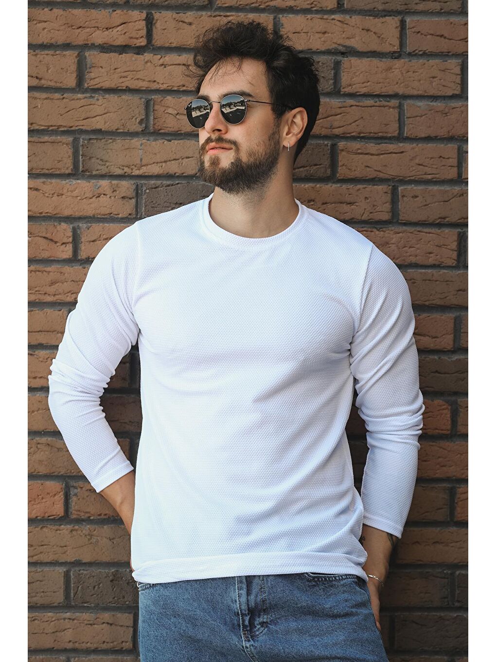 Beyaz Betti Slim Fit Elastanlı Petek Kumaş Bisiklet Yaka Erkek Uzun Kol Tshirt