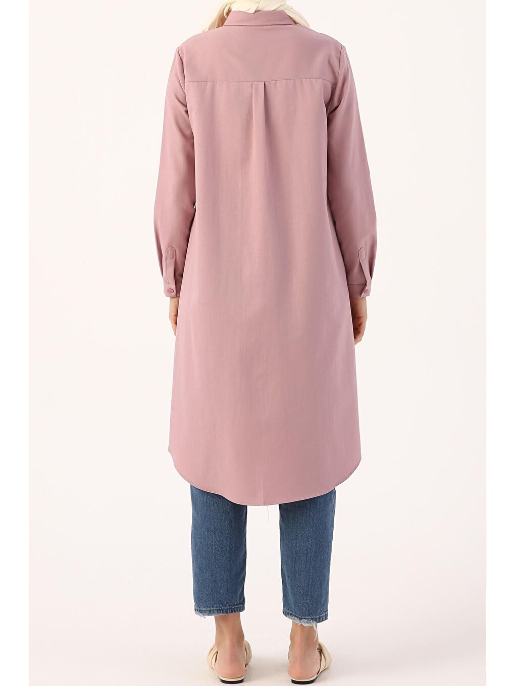 Pembe Açık Gül Basic Gizli Patlı Uzun Gömlek-2