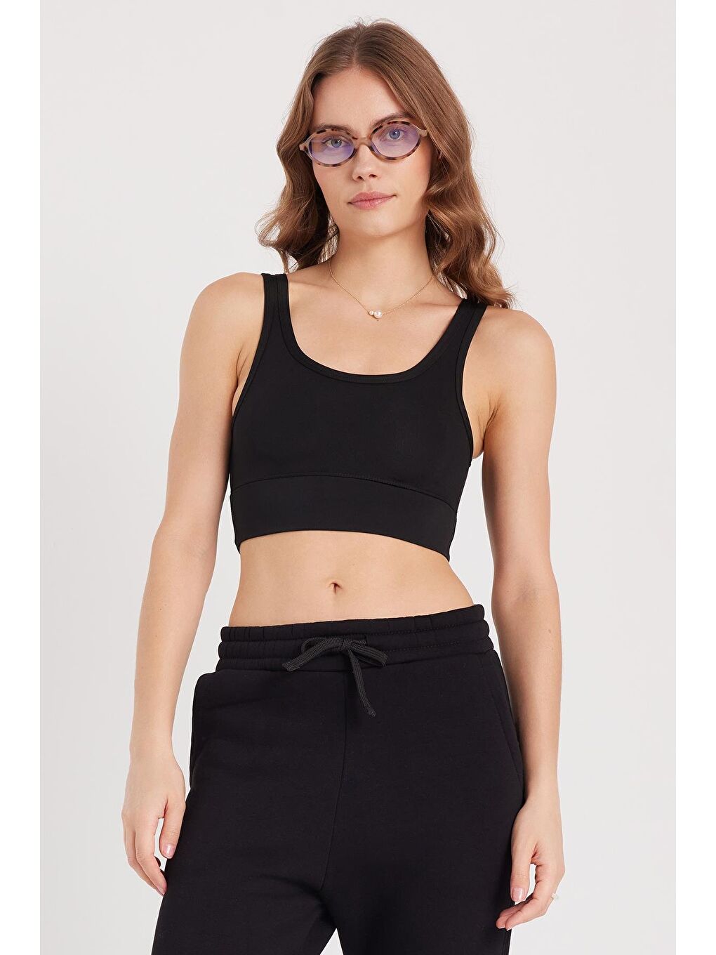 Kadın Slim Fit Dar Kesim İnce Askılı Kare Yaka Siyah Crop-3