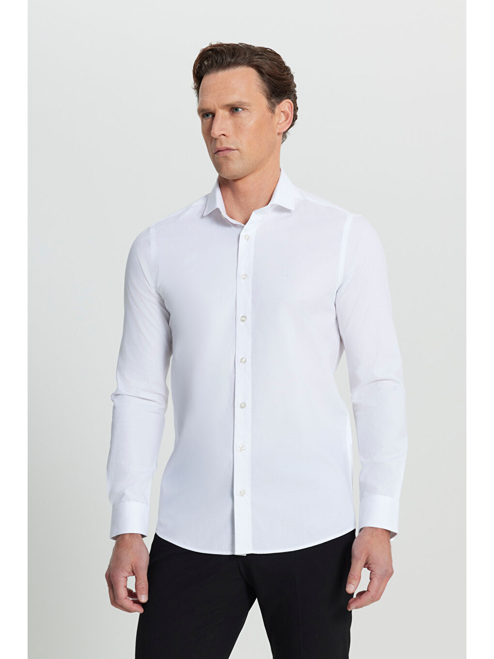 Beyaz Dar Kesim %100 Pamuk Erkek Armürlü Gömlek-2