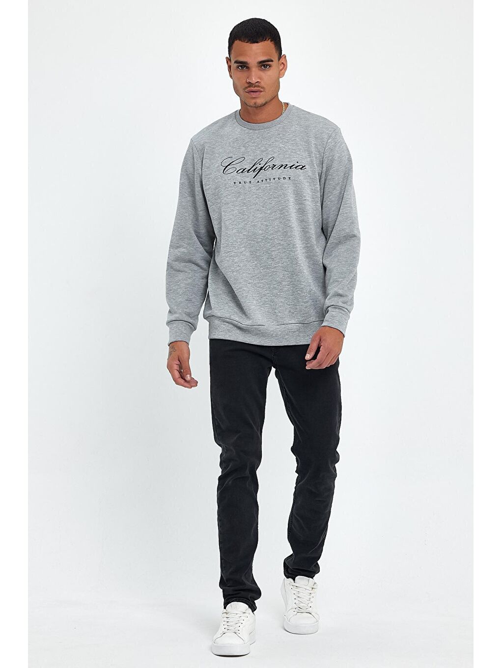 Gri Erkek Bisiklet Yaka Regular Fit 3 İplik Kalın California Baskılı Sweatshirt spr24sw28
