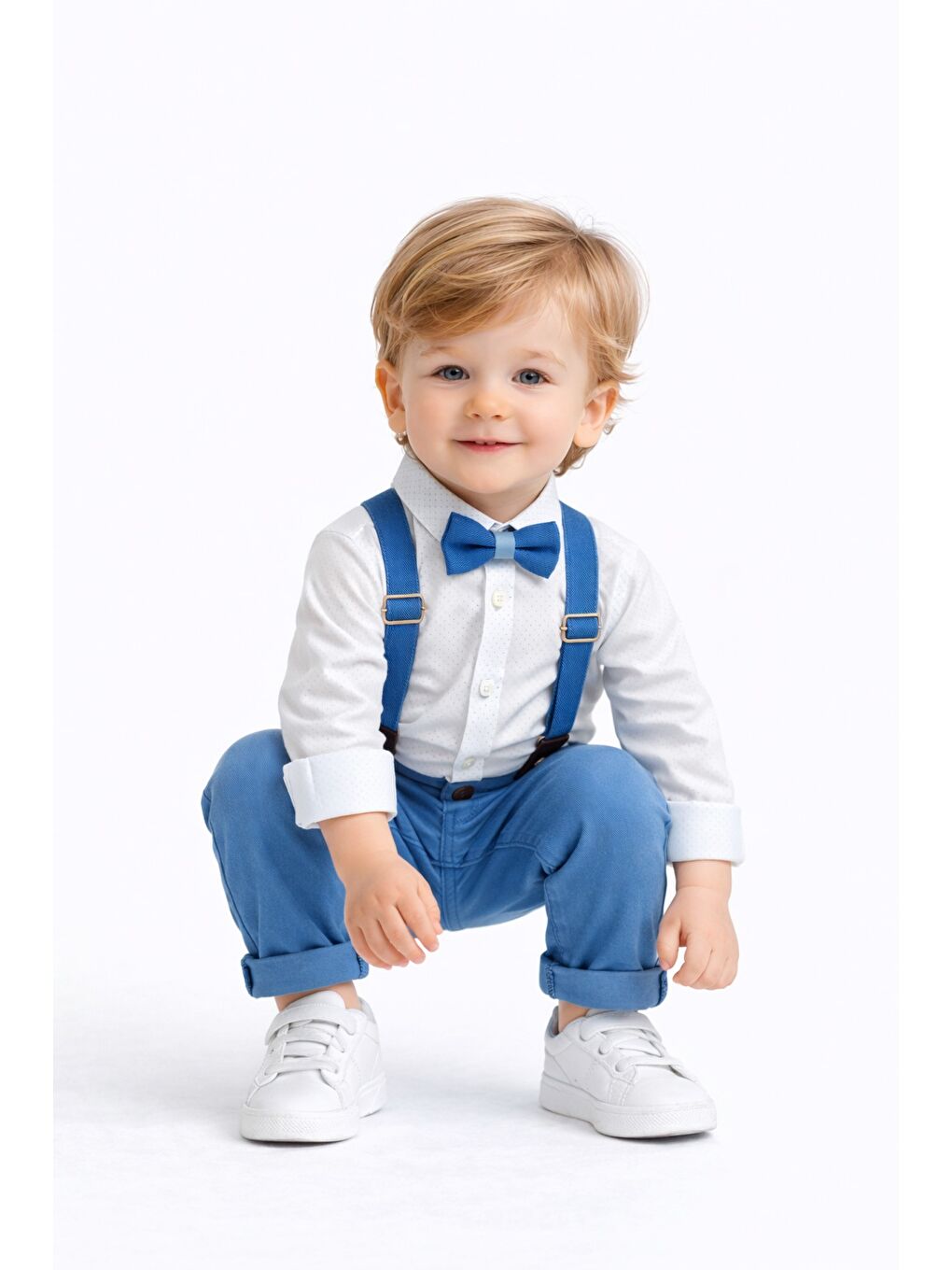 Mavi Erkek Bebek Askılı Pantolon Takım Papyonlu Çocuk Kombin-1