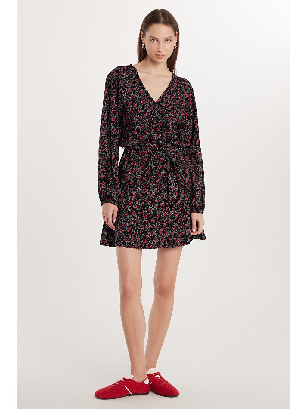 Karışık Kadın Slim Fit Dar Kesim Uzun Kollu Bağlamalı V Yaka Baskılı Viskon Elbise