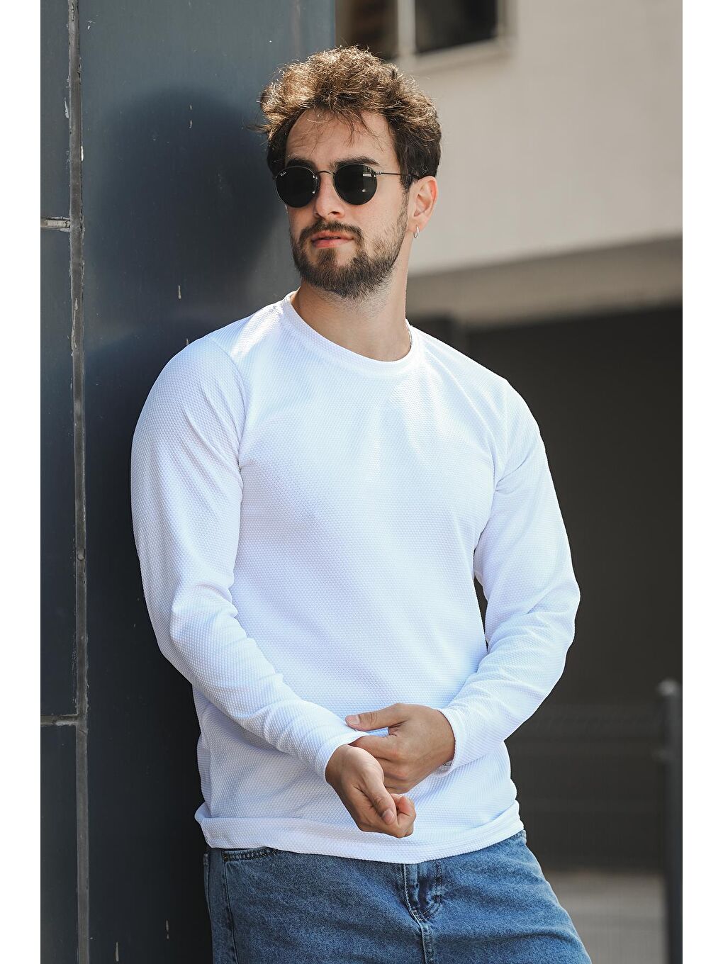 Beyaz Betti Slim Fit Elastanlı Petek Kumaş Bisiklet Yaka Erkek Uzun Kol Tshirt-1