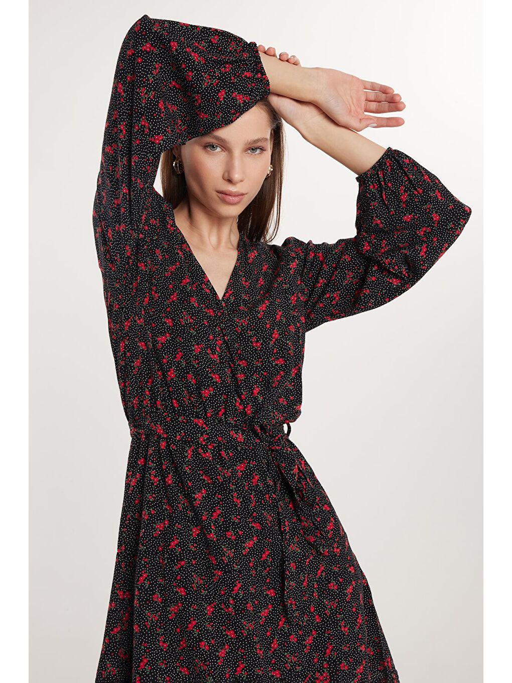 Karışık Kadın Slim Fit Dar Kesim Uzun Kollu Bağlamalı V Yaka Baskılı Viskon Elbise-1