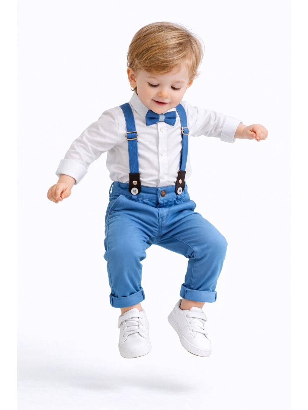 Mavi Erkek Bebek Askılı Pantolon Takım Papyonlu Çocuk Kombin-2