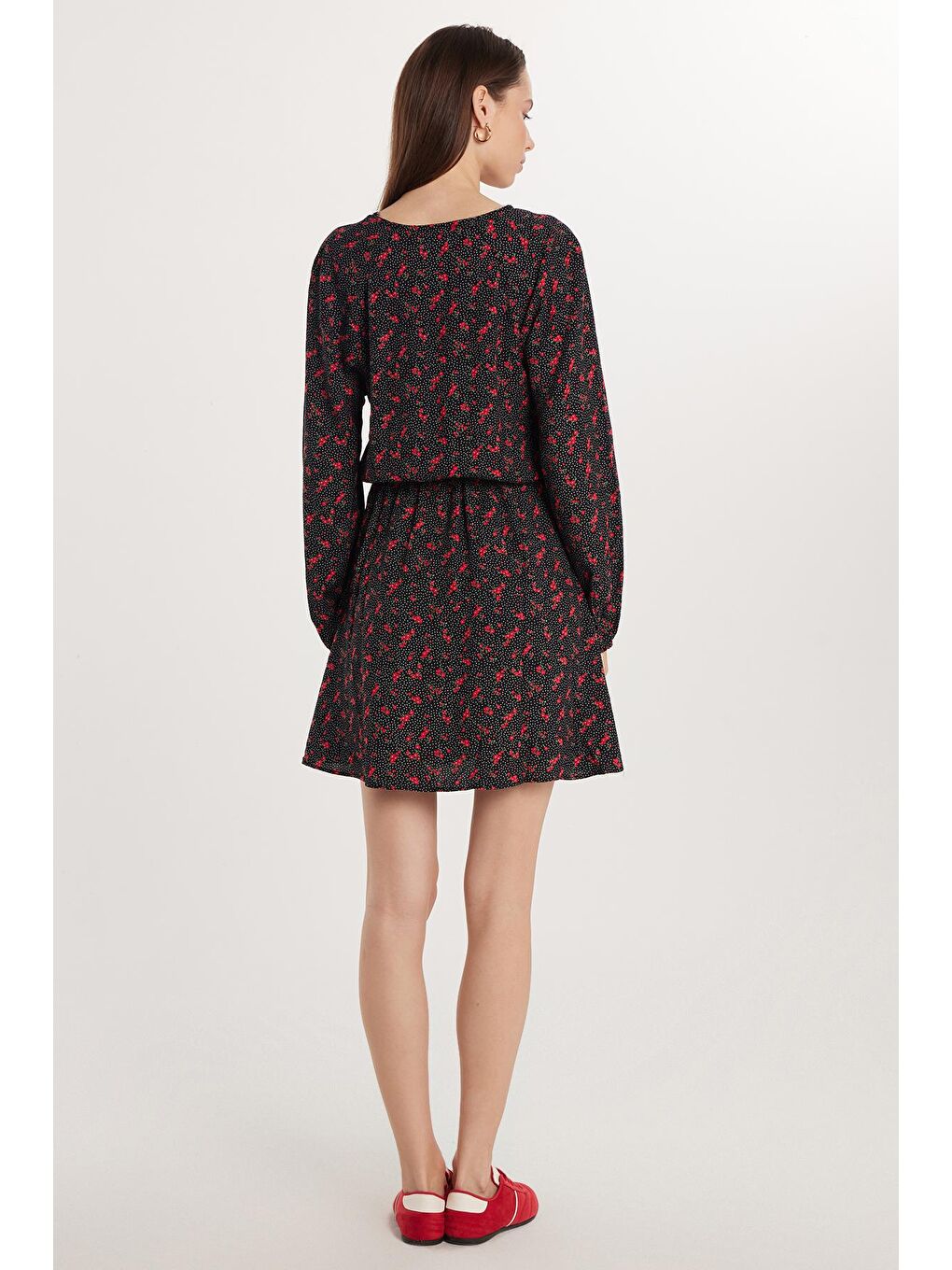 Karışık Kadın Slim Fit Dar Kesim Uzun Kollu Bağlamalı V Yaka Baskılı Viskon Elbise-4