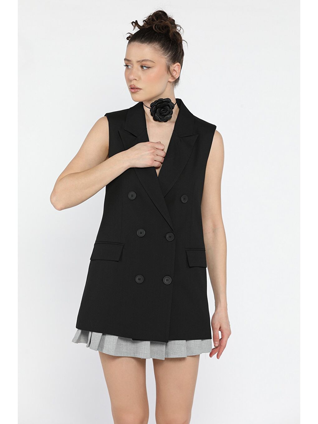 Siyah Kadın Kruvaze Yaka Astarlı Yelek-1