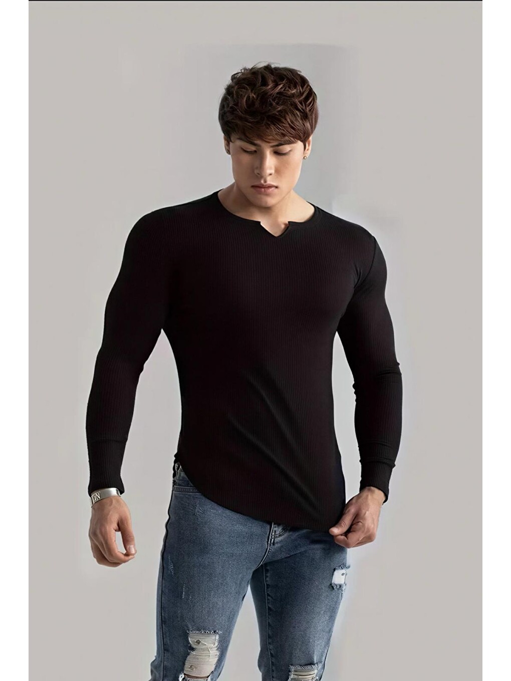 Siyah Neso Erkek Muscle Fit V-yaka Fitilli Uzun Kollu Tişört - Kaslı Ve Bir Görünüm İçin