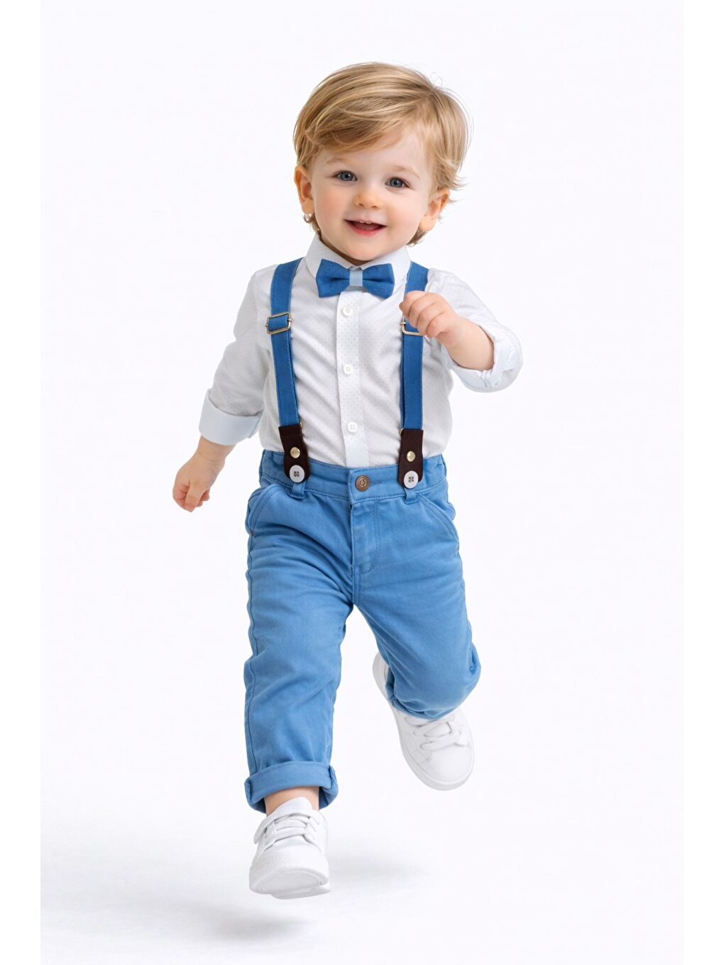 Mavi Erkek Bebek Askılı Pantolon Takım Papyonlu Çocuk Kombin-3
