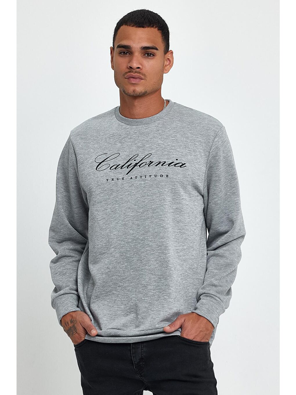 Gri Erkek Bisiklet Yaka Regular Fit 3 İplik Kalın California Baskılı Sweatshirt spr24sw28-1